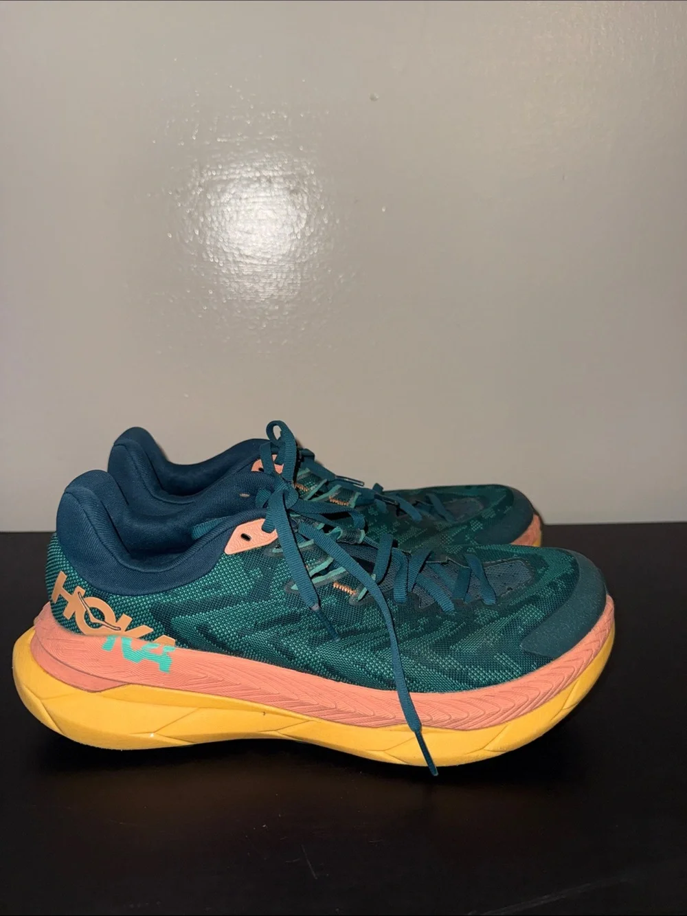 Hoka Women's Teal Running Shoes with Coral & Yellow Accents